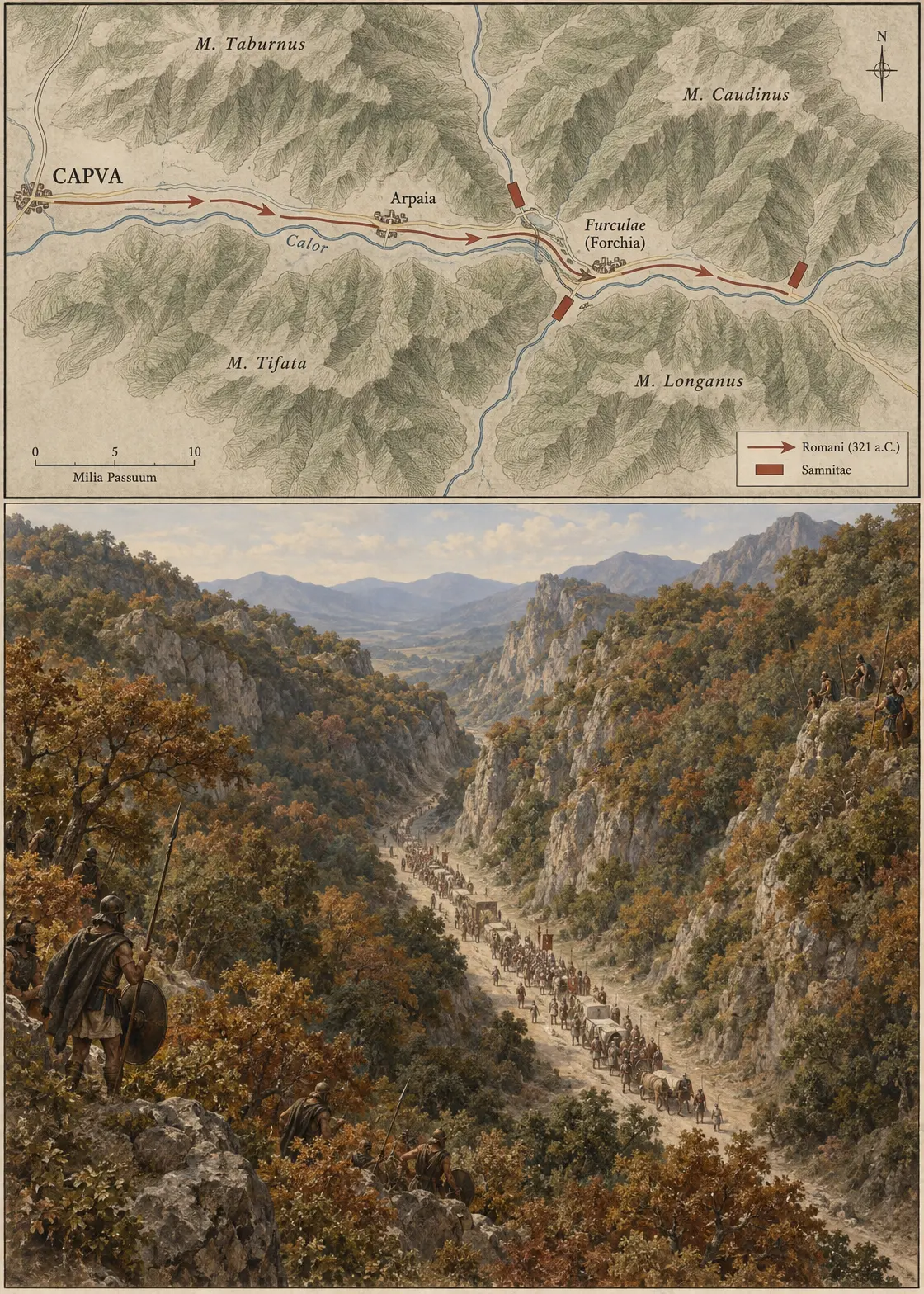Topographical map and bird's-eye reconstruction of the Caudine Forks