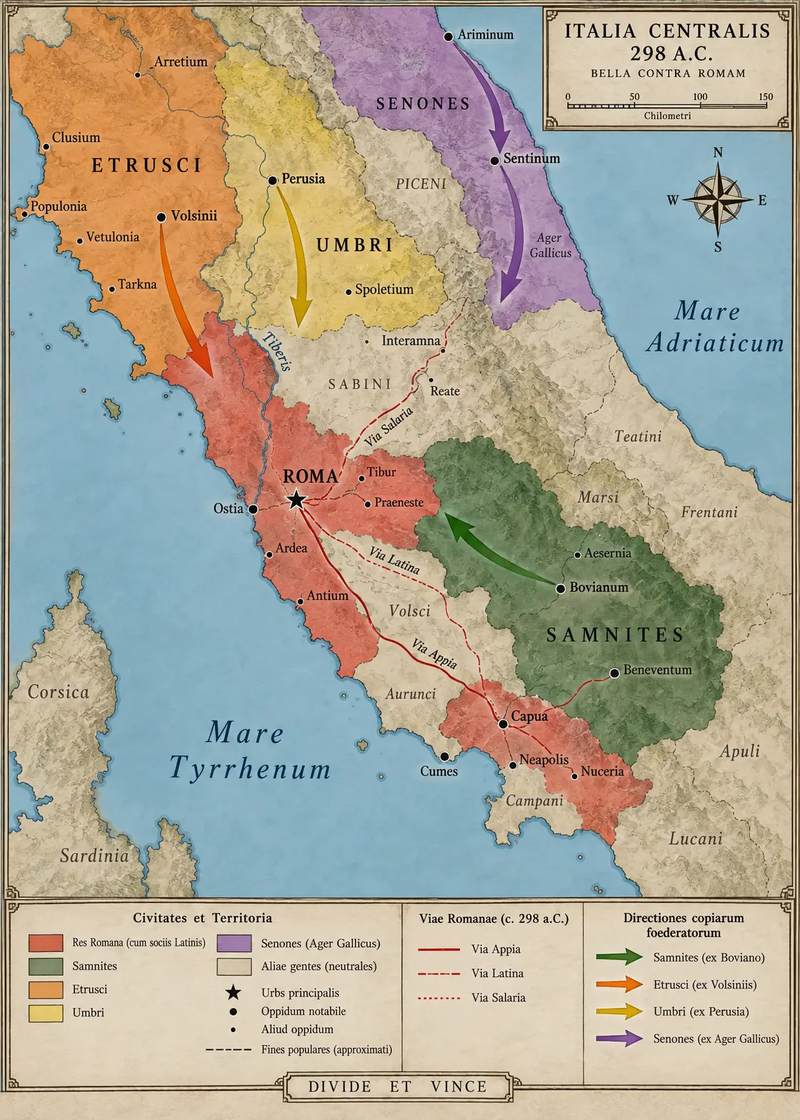 Strategic map of central Italy in 298 BC showing the coalition powers and their geographic distribution