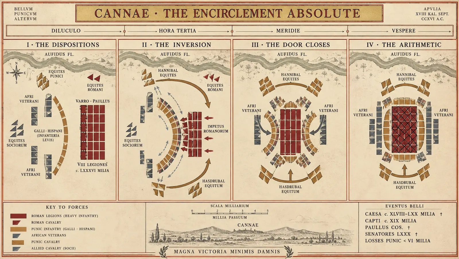 CANNAE IN FOUR FRAMES: The Geometry of Annihilation (2 August 216 BC)