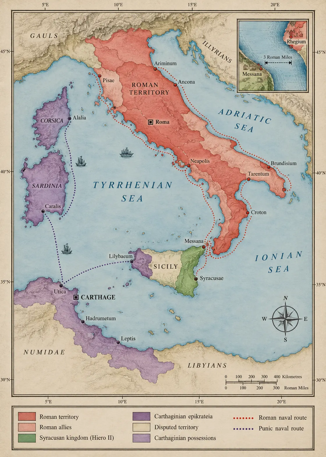Strategic map of the western Mediterranean in 264 BC