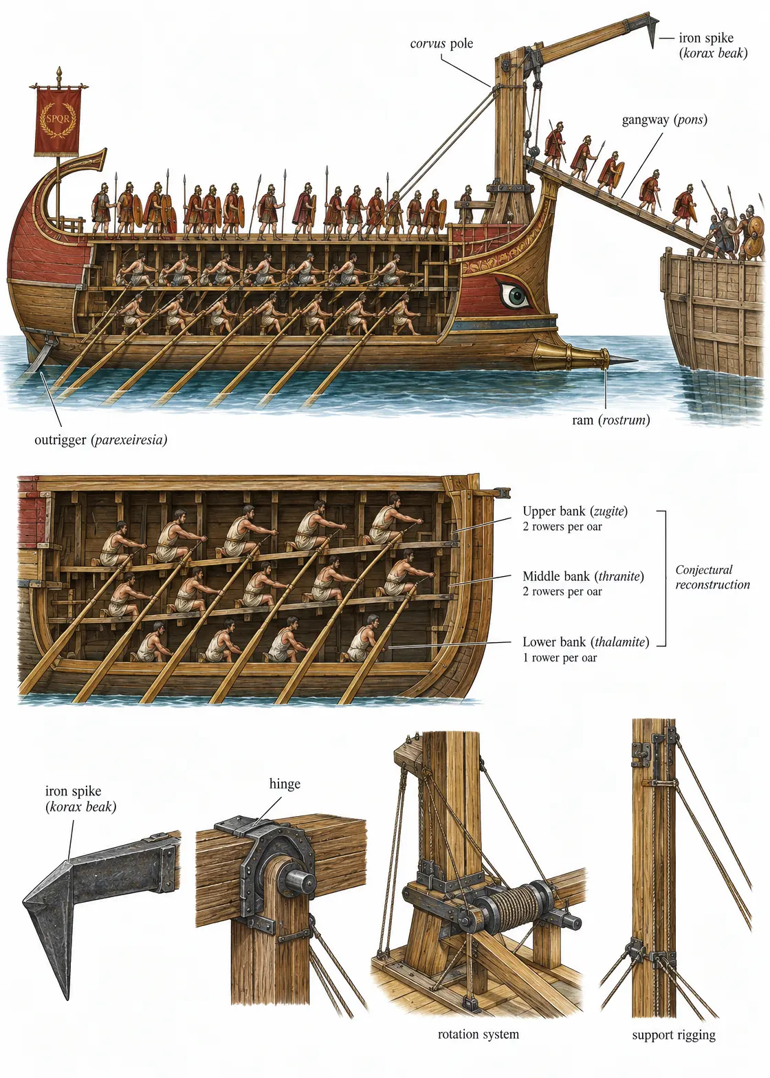 Technical cross-section diagram of a Roman quinquereme equipped with the corvus, c. 260 BC