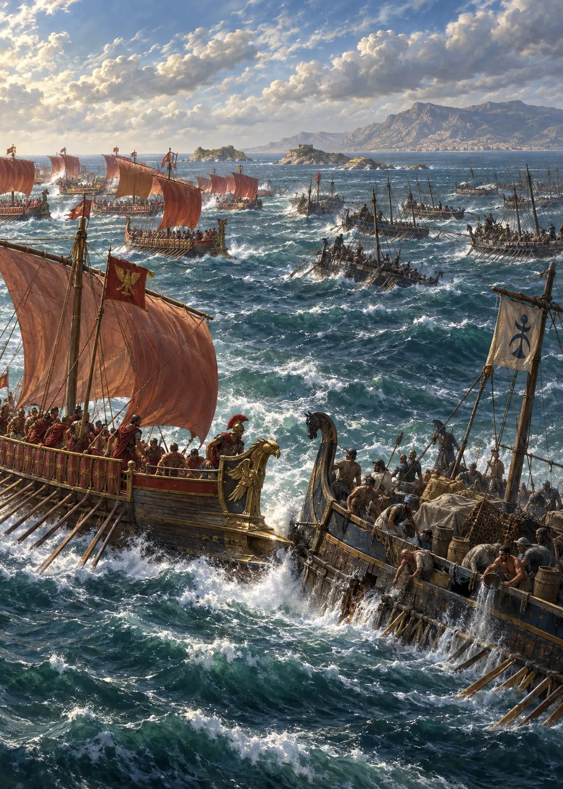 The Battle of the Aegates Islands (10 March 241 BC) — engagement viewed from the south, with Sicily in the background at upper right and the Aegates archipelago in the middle distance
