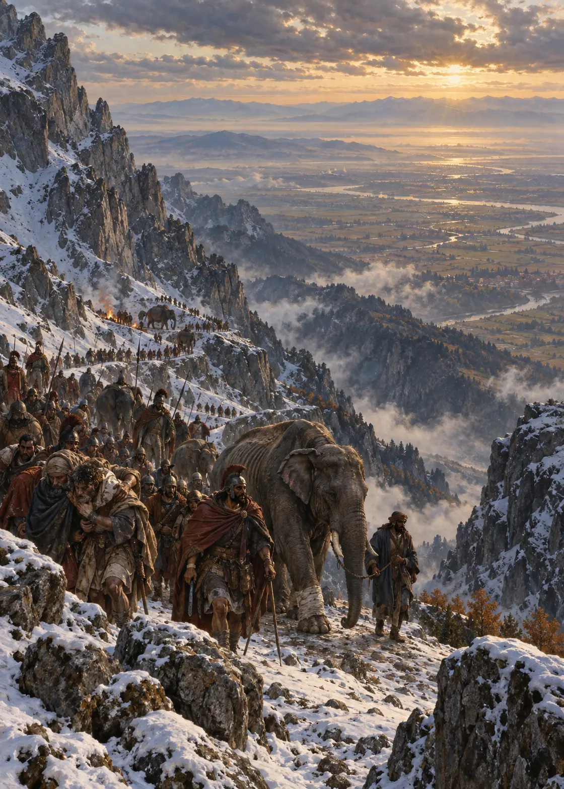 Hannibal's army descending into the Po valley after the Alpine crossing — late October 218 BC