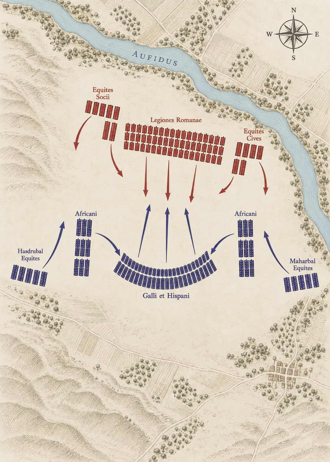 The disposition of the armies at Cannae, 2 August 216 BC — a high-altitude tactical diagram in the style of the great military-historical battle maps of the nineteenth century (Hans Delbrück's *Geschichte der Kriegskunst*, the Berlin General Staff battle studies, the West Point military history series)