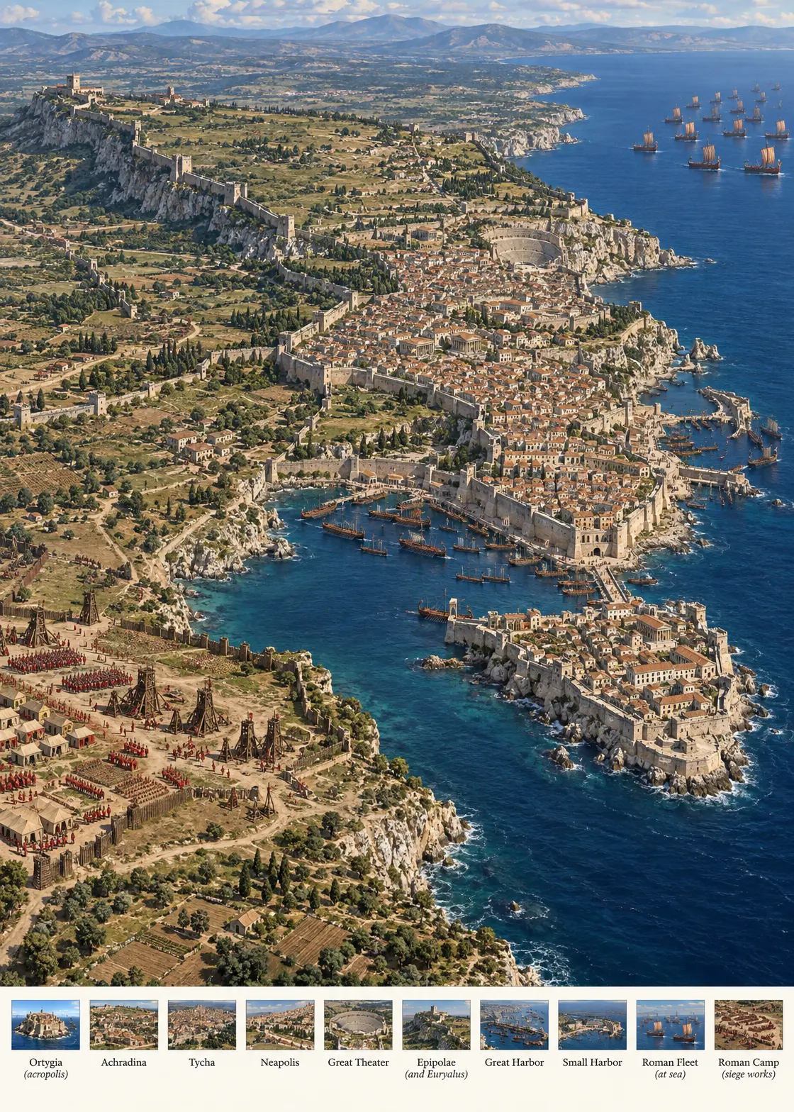 A panoramic three-quarter aerial view of Syracuse in 213 BC at the opening of the siege