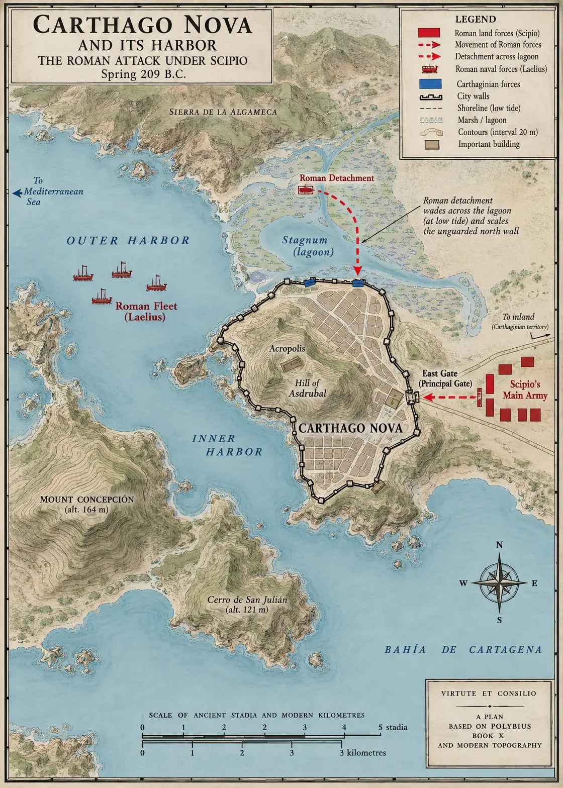 Topographic plan of Carthago Nova and its harbor, with the disposition of Scipio's attacking forces in spring 209 BC