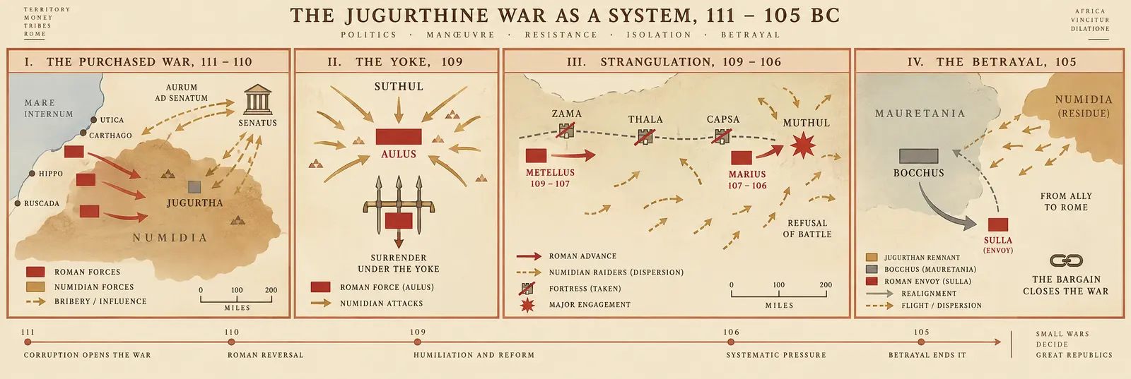 THE JUGURTHINE WAR AS A SYSTEM, 111–105 BC — not a single battle but the strategic structure of an insurgency war