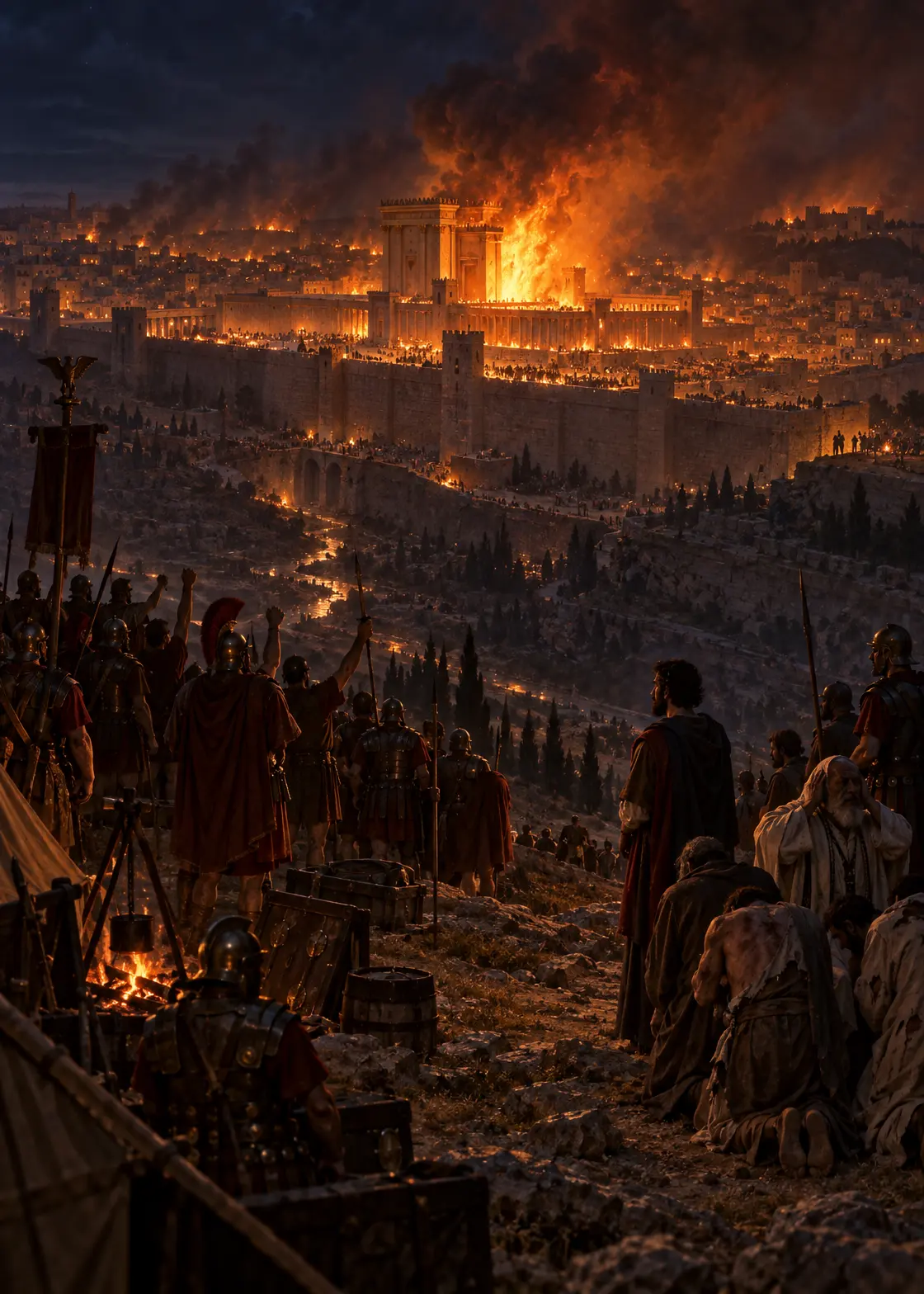 The burning of the Temple, seen from the Mount of Olives — night of 9–10 Ab, AD 70